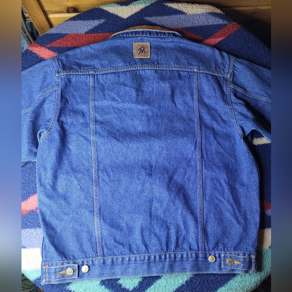 Vtg Marlboro Country Store Denim Jean Jacket Mens Large Button Up Leather Collar - Picture 9 of 12